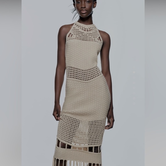 Zara Chic Beige Crochet Dress with Fringe. New - Picture 3 of 14